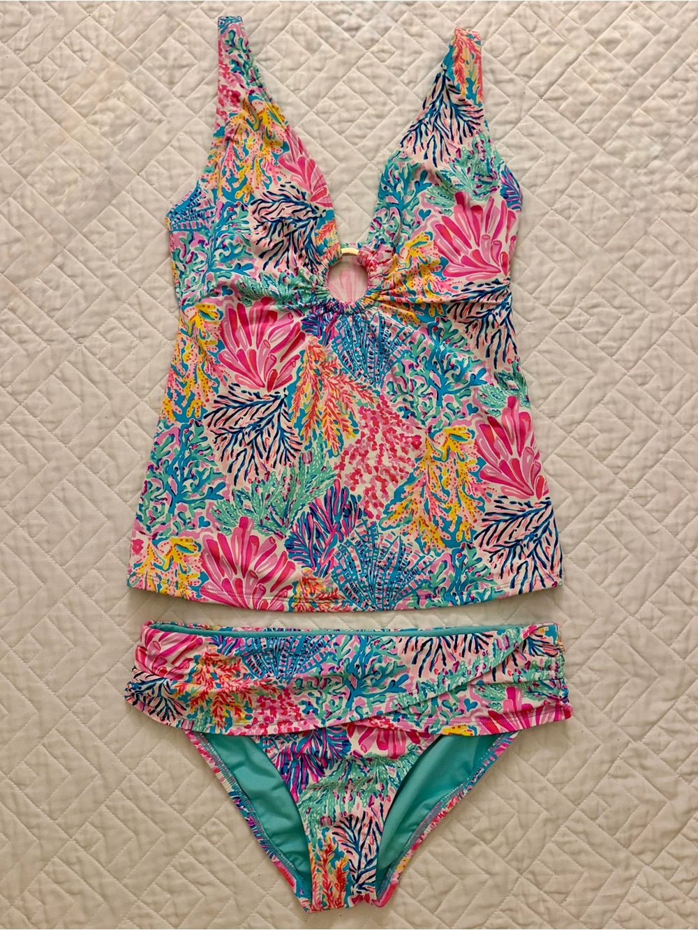 Lilly Pulitzer Coral Reef Tankini Swim Set Pink Aqua Size 2 EUC